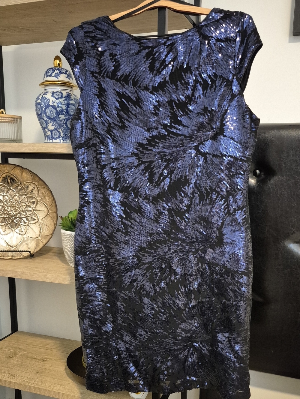 SLNY Black and Blue Sequin Sheath Dress